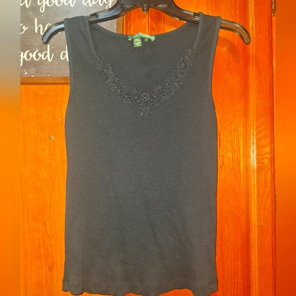 Ralph Lauren Tops - A Lauren Ralph Lauren Black Sleeveless Top With Lacy Trim Around The Collar.